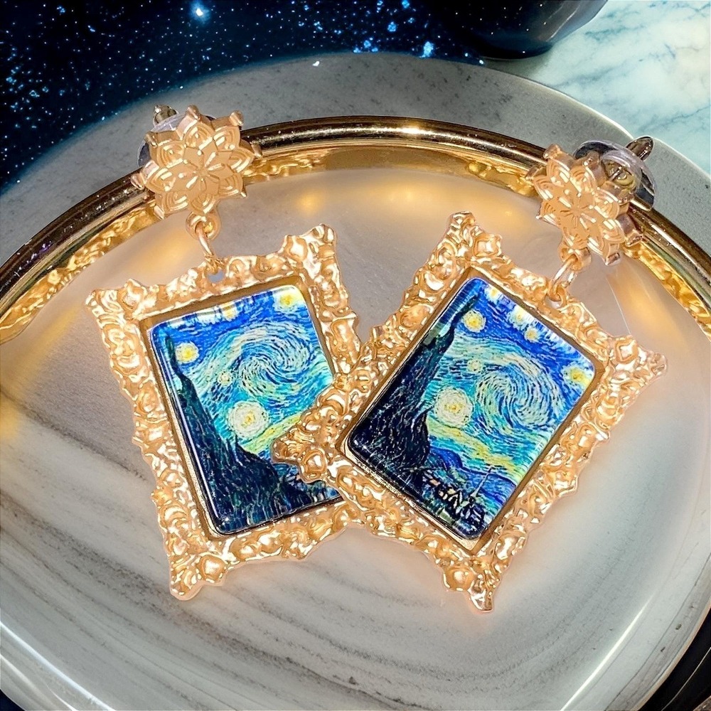 New Van Gogh Painting Framed Earrings Gold Starry Night Artwork Dangle Star - Picture 2 of 5